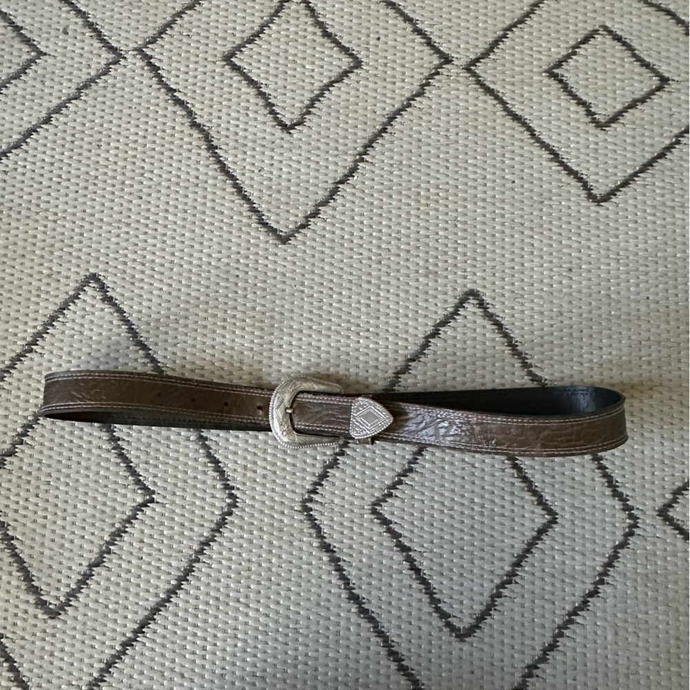 Vintage Brown Textured Leather Belt — Silver Buckle with floral details